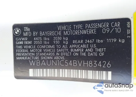 2011 BMW 128I z USA, uszkodzony, nr VIN WBAUN1C54BVH83426